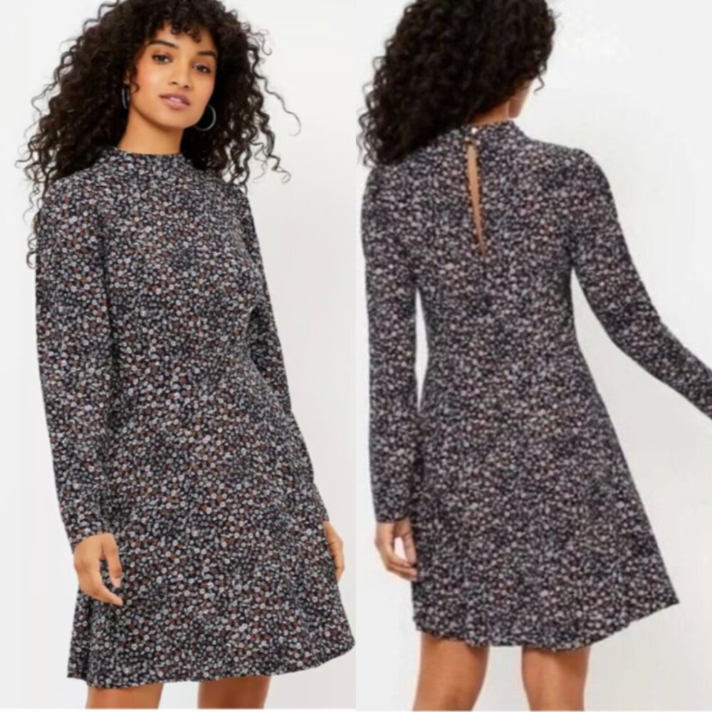 LOFT Floral Mock Neck Flare Dress Size 6 | Long Sleeve Workwear Wedding Guest